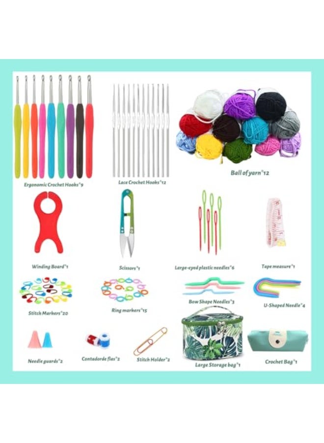 فاصولا مجموعة كروشيه, 88 قطعة مجموعة صنارة كروشيه, مجموعة حياكة مريحة مع كرات صوف, أدوات كروشيه مع حقيبة تخزين للمبتدئين والمحترفين، هدية أشغال يدوية لتعليم الكبار والأطفال (أخضر) - Image 3